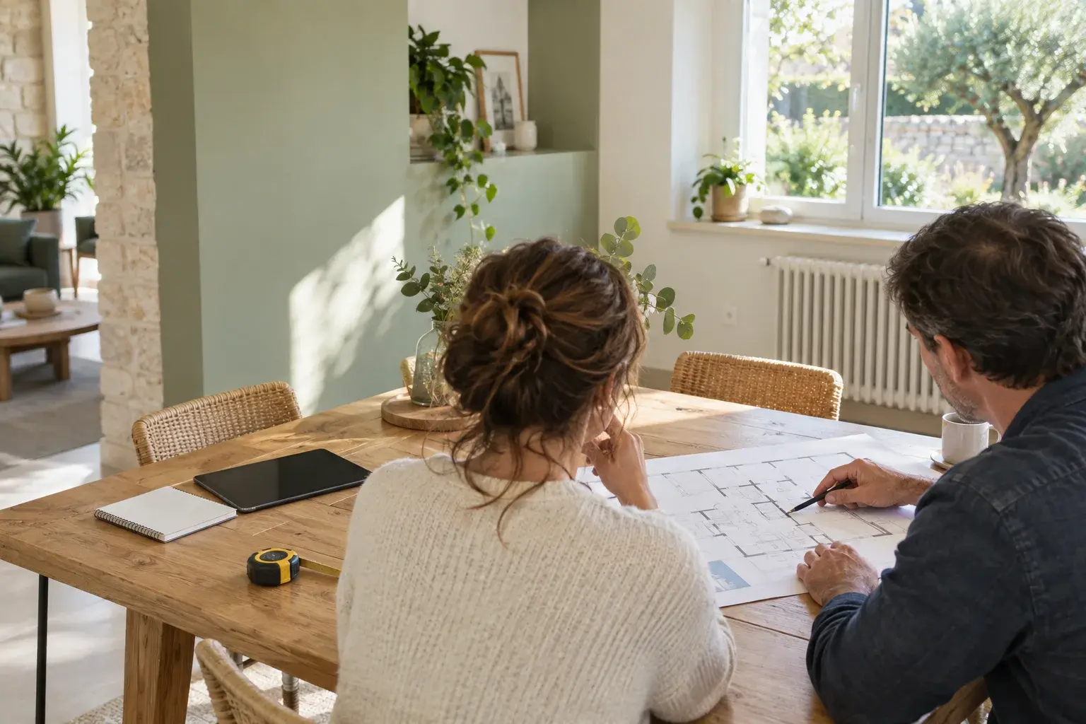 Illustration d’un échange autour du plan d’une maison pour préparer des travaux de chauffage
