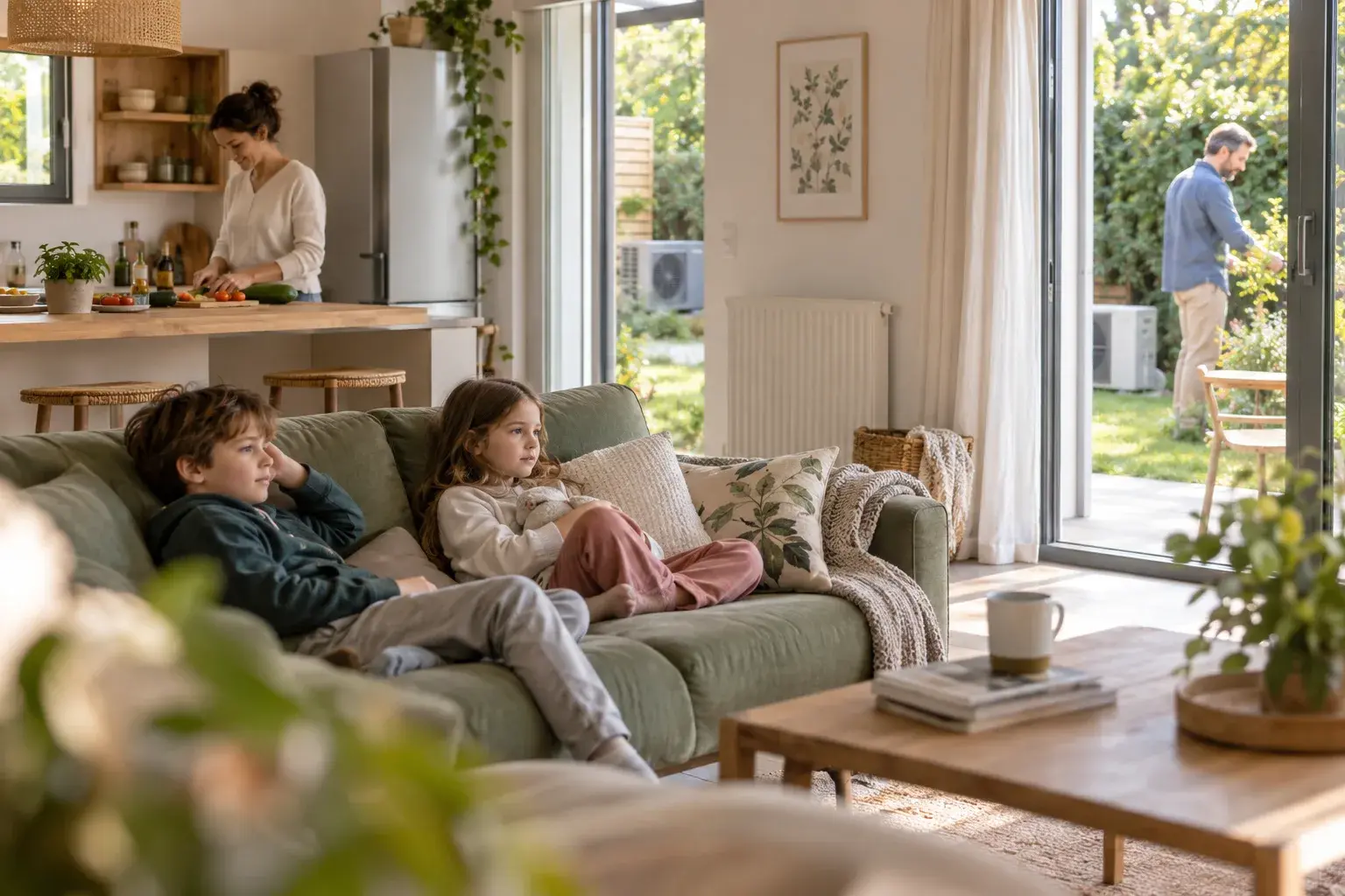 Une mère cuisine pendant que ses deux enfants regardent la télévision et que leur père profite du jardin