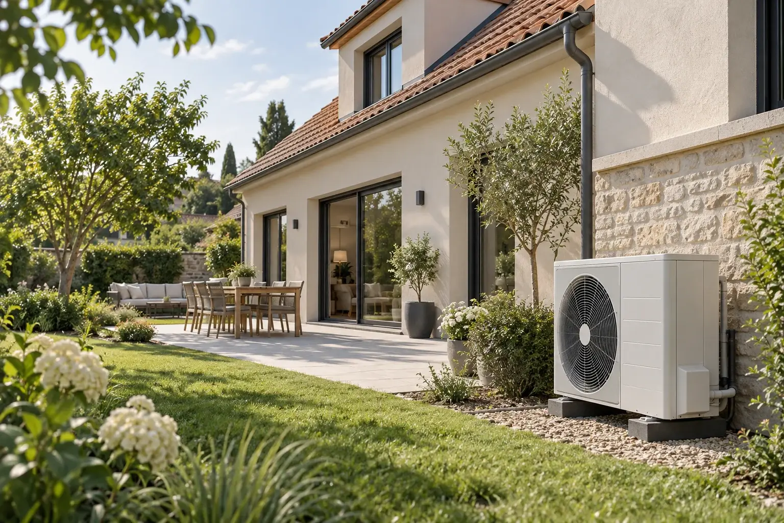 Maison individuelle avec jardin et unité extérieure de pompe à chaleur air/eau